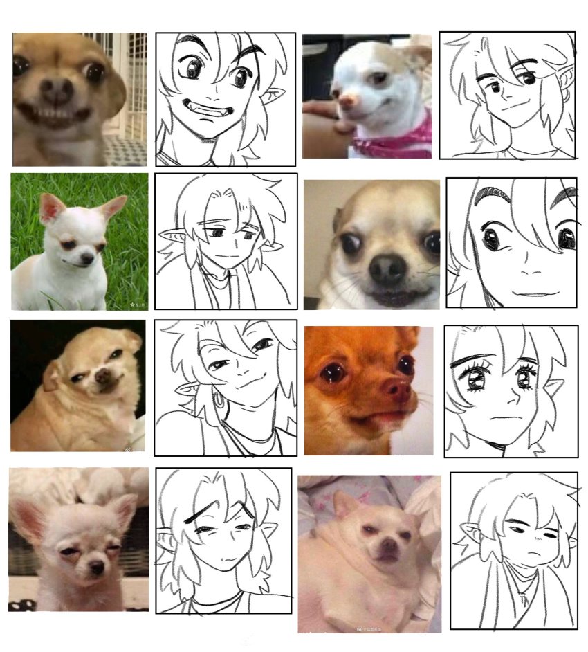 1boy, dog, earrings, multiple_expressions, guagua_sun, hair_between_eyes, highres, jewelry, lanxi_zhen, meme, multiple_views, pointy_ears, portrait, luo_xiaohei_zhanji, xuan_li_(the_legend_of_luo_xiaohei)