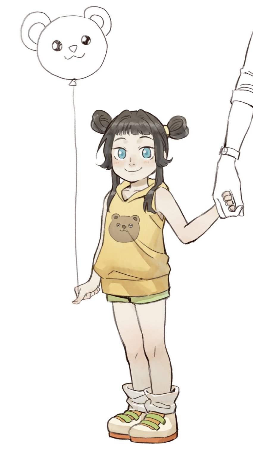 1girl, aqua_eyes, balloon, black_hair, blush, double_bun, full_body, green_shorts