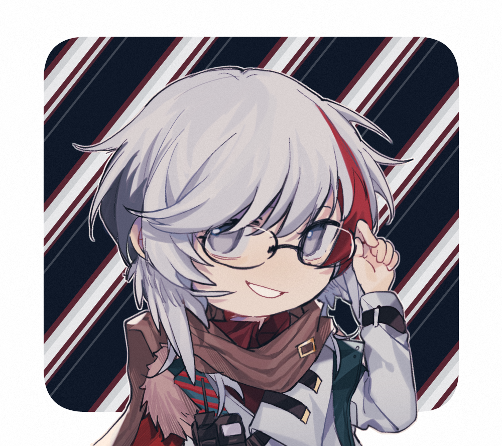 1boy, adjusting_eyewear, arknights, brown_scarf, chibi, coat, elysium_(arknights), elysium_(snowy_echo)_(arknights)