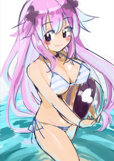 adult_neptune, ball, bare_shoulders, beach, beachball, bikini, breasts, cleavage
