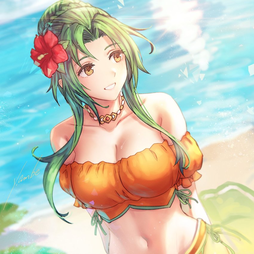 1girl, anbe_yoshirou, arms_behind_back, bare_shoulders, beach, bikini, blurry, breasts