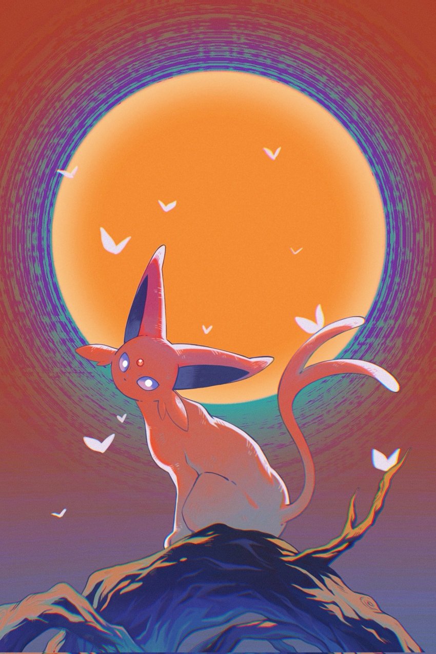 branch, bright_pupils, bug, butterfly, commentary_request, espeon, forked_tail, from_side