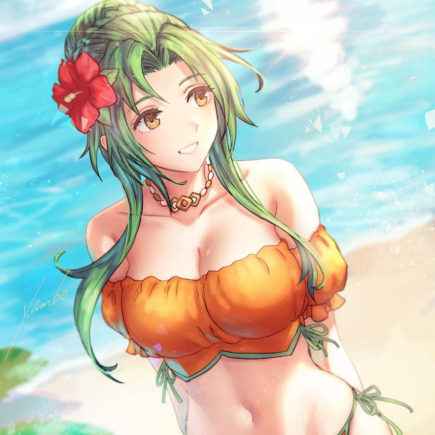1girl, absurdres, anbe_yoshirou, arms_behind_back, bare_shoulders, beach, bikini, blurry