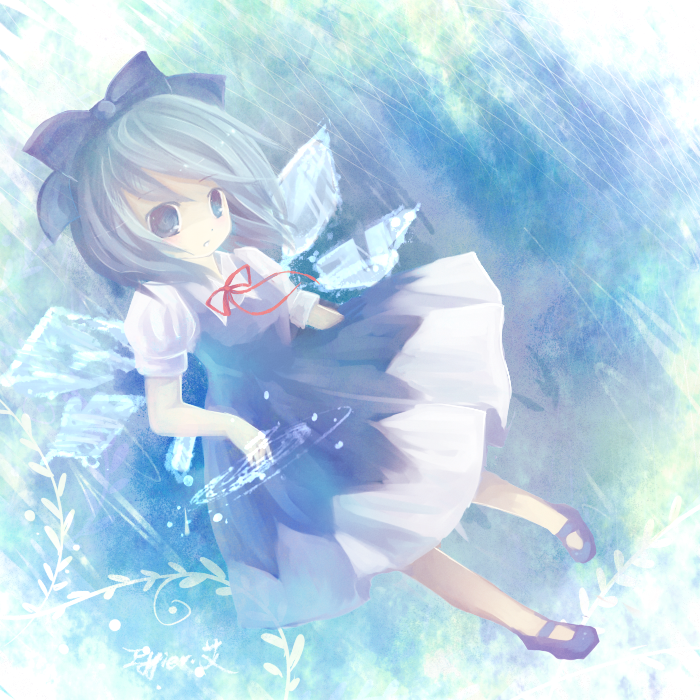 blouse, blue_eyes, blue_hair, blue_shoes, blue_theme, cirno, collared_shirt, dress