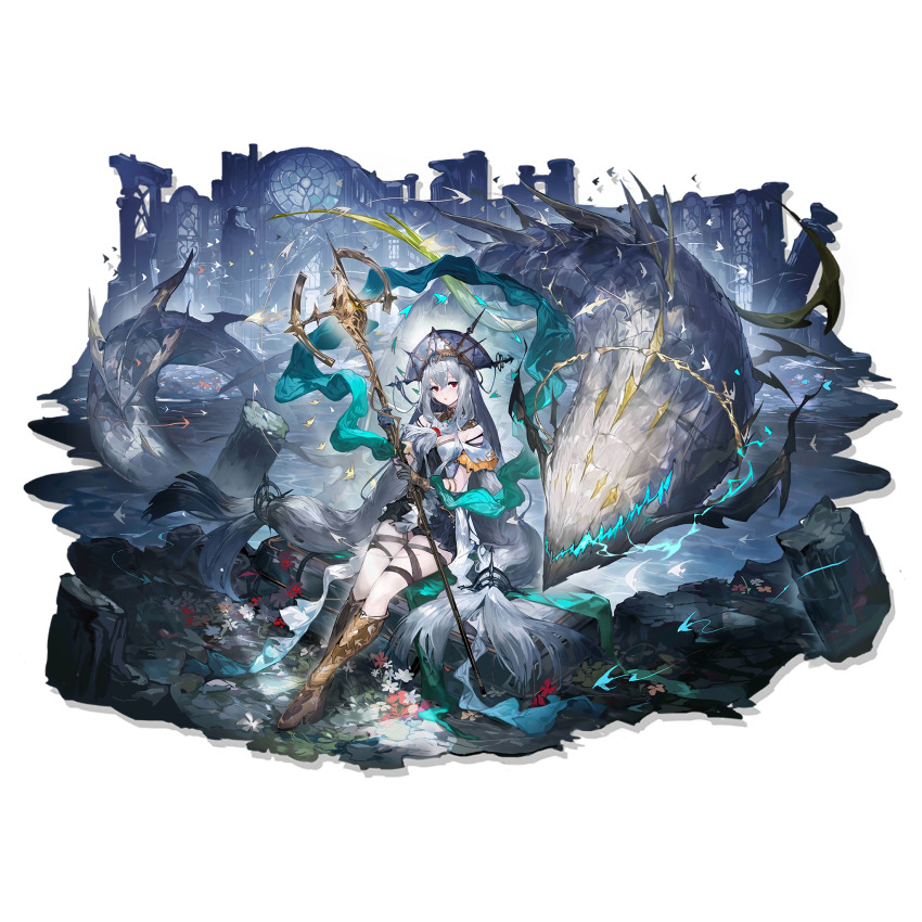 1girl, alchemaniac, arknights, bare_shoulders, boots, brown_footwear, dress, gloves