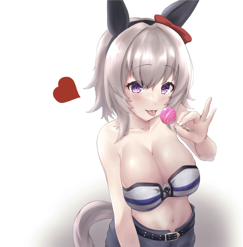 1girl, :3, :p, animal_ears, bandeau, bare_arms, bare_shoulders, belt