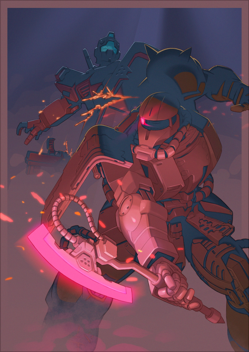 absurdres, axe, canoyan, damaged, glowing, glowing_eye, gm_(mobile_suit), gundam