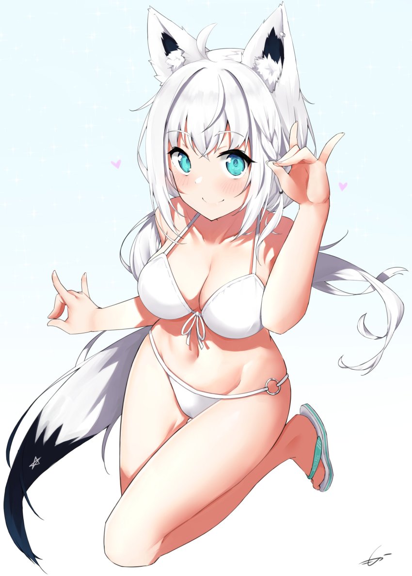 1girl, absurdres, ahoge, animal_ear_fluff, animal_ears, aqua_eyes, bikini, blush, braid, breasts, cleavage, closed_mouth, commentary_request, fox_ears, fox_girl, fox_shadow_puppet, fox_tail, front-tie_bikini_top, front-tie_top, full_body, halterneck, heart, highres, hololive, large_breasts, long_hair, looking_at_viewer, mocacoco339, navel, o-ring, o-ring_bikini, revision, sandals, shirakami_fubuki, side_braid, signature, simple_background, smile, solo, stomach, string_bikini, swimsuit, tail, virtual_youtuber, white_background, white_bikini, white_hair