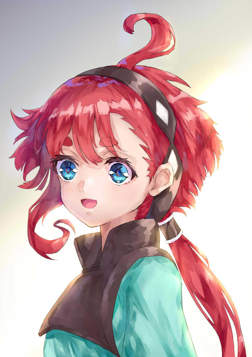 1girl, absurdres, black_hairband, blue_eyes, chinese_commentary, galaxy-eyes, green_shirt, gundam