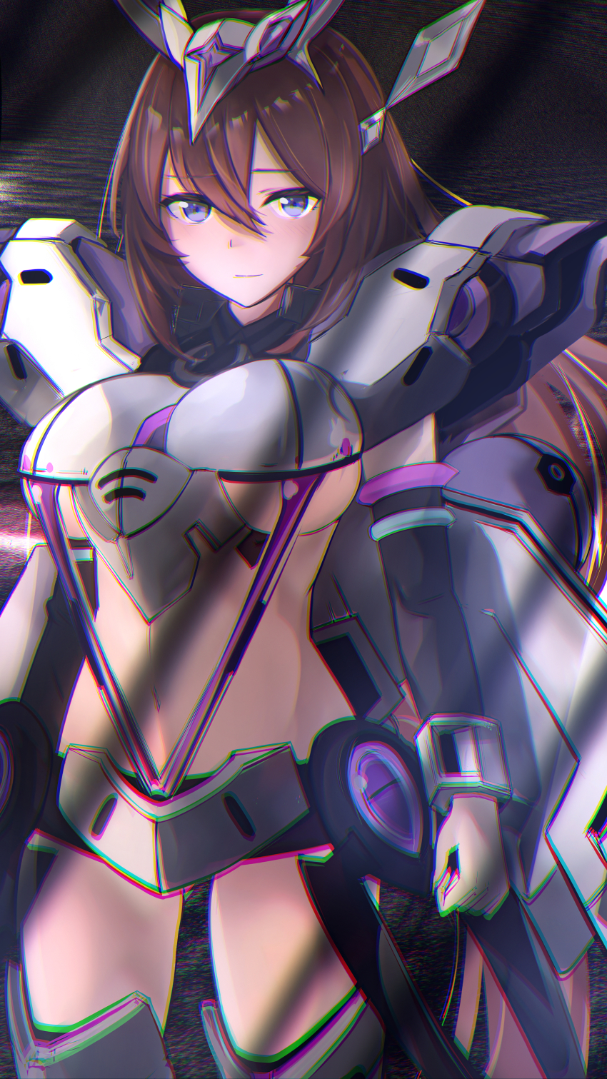 1girl, absurdres, bad_id, bad_pixiv_id, beguir-beu, beguir-beu_(cosplay), black_shorts, breasts, brown_hair, chromatic_aberration, clenched_hand, cosplay, detached_sleeves, gundam, gundam_suisei_no_majo, hair_between_eyes, heavy_chromatic_aberration, highres, horse_girl, large_breasts, long_hair, looking_at_viewer, mecha_musume, mihono_bourbon_(umamusume), navel, revealing_clothes, shiratsuki_(1ka6969), short_shorts, shorts, solo, umamusume