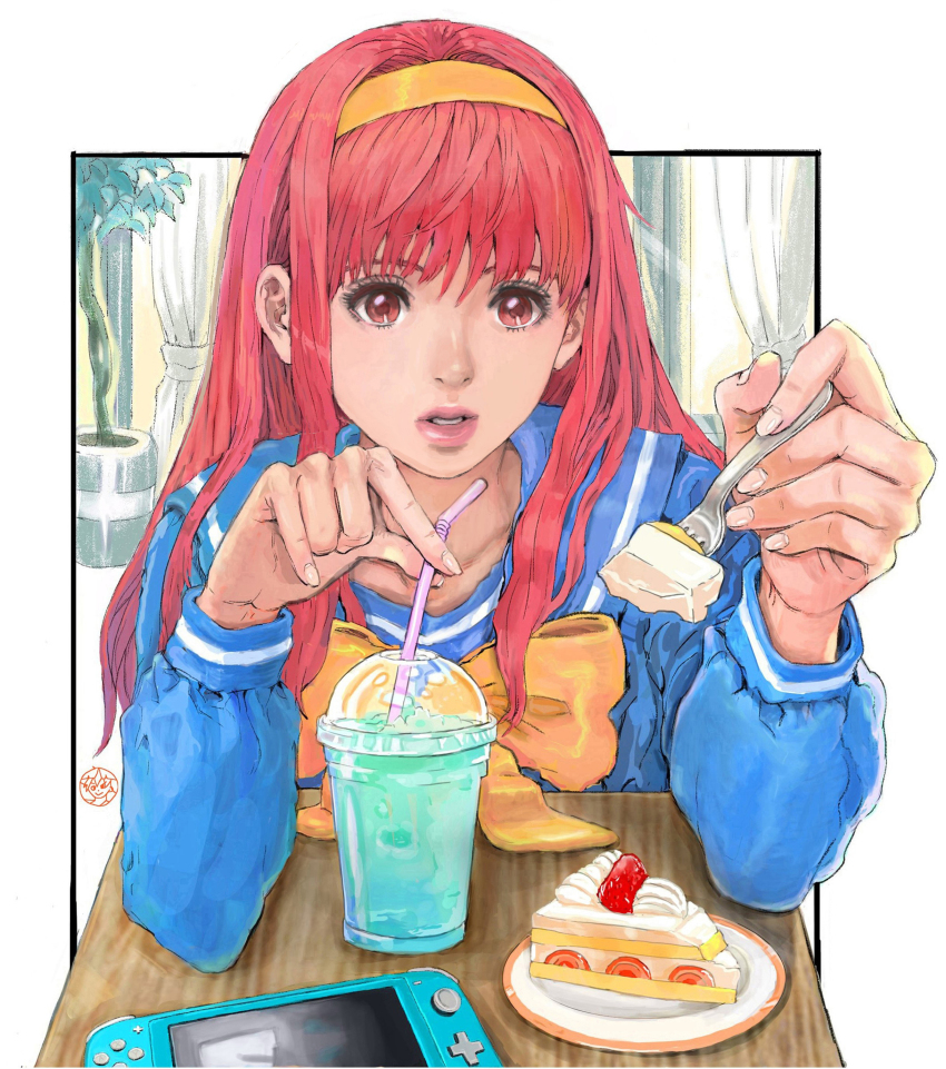 1girl, absurdres, bow, cake, curtains, drink, drinking_straw, food