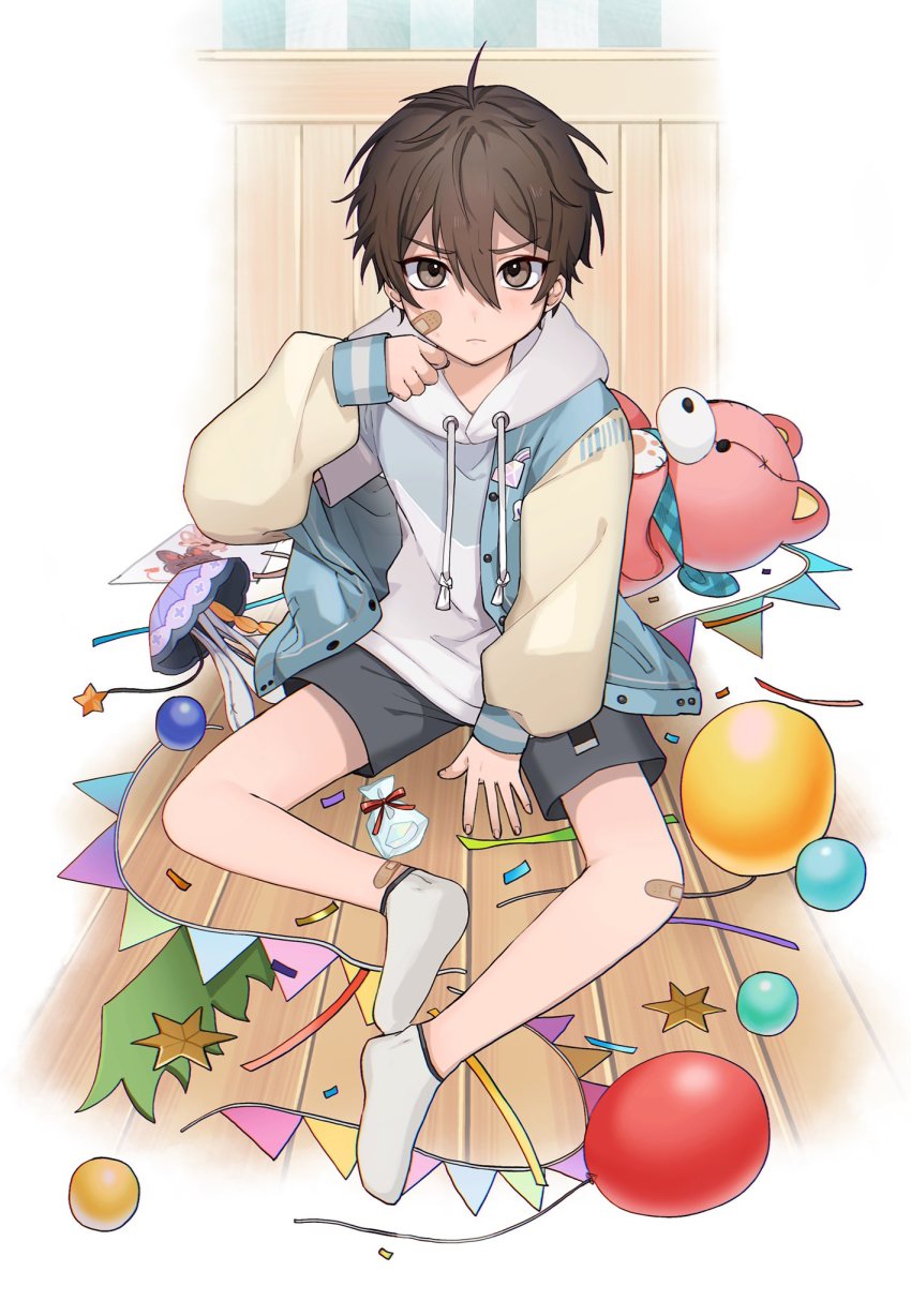 1boy, aged_down, balloon, bandaid, bandaid_on_cheek, bandaid_on_face, bandaid_on_leg, brown_eyes