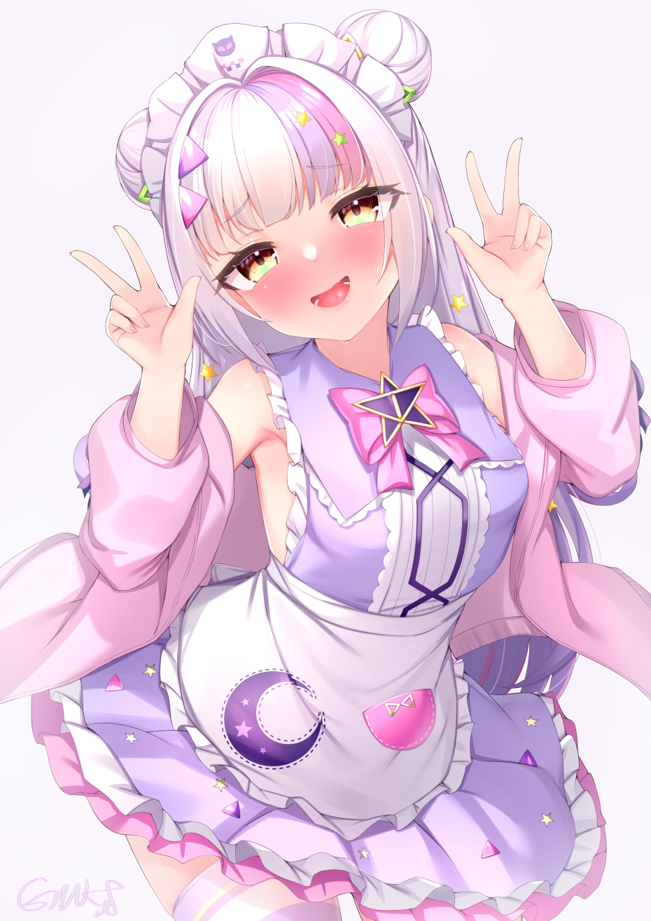 1girl, :d, apron, bare_shoulders, blush, bow, brown_eyes, collared_dress