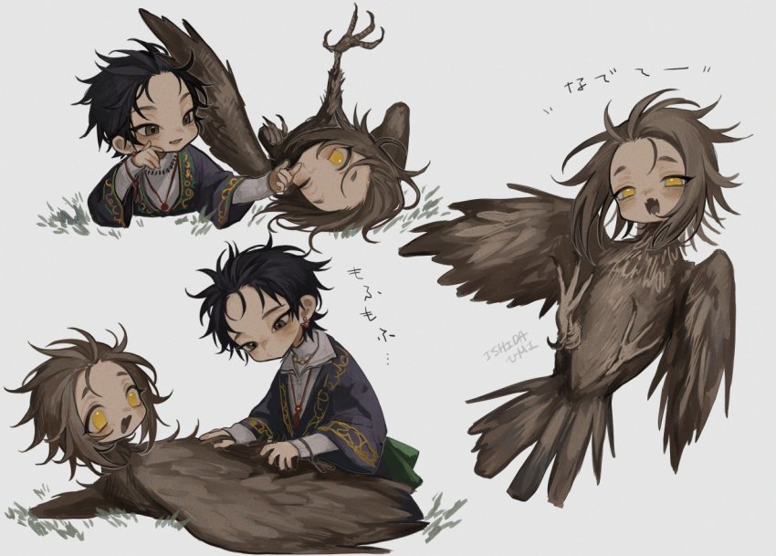 1boy, 1girl, arm_support, artist_name, black_hair, brown_eyes, brown_feathers, brown_hair, coat, earrings, feathers, full_body, grass, grey_background, grey_coat, hand_on_another's_face, harpy, human_head, ishida_umi, jewelry, long_sleeves, looking_at_another, lying, medium_hair, messy_hair, monster_girl, multiple_views, necklace, on_back, on_stomach, one_eye_closed, open_mouth, original, shirt, short_hair, simple_background, sitting, traditional_harpy, white_shirt, yellow_eyes