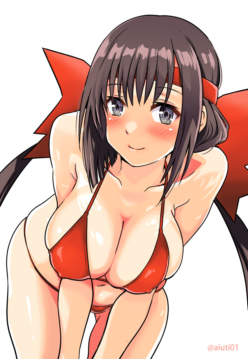1girl, absurdres, aiuti, bikini, black_hair, blush, breasts, brown_hair