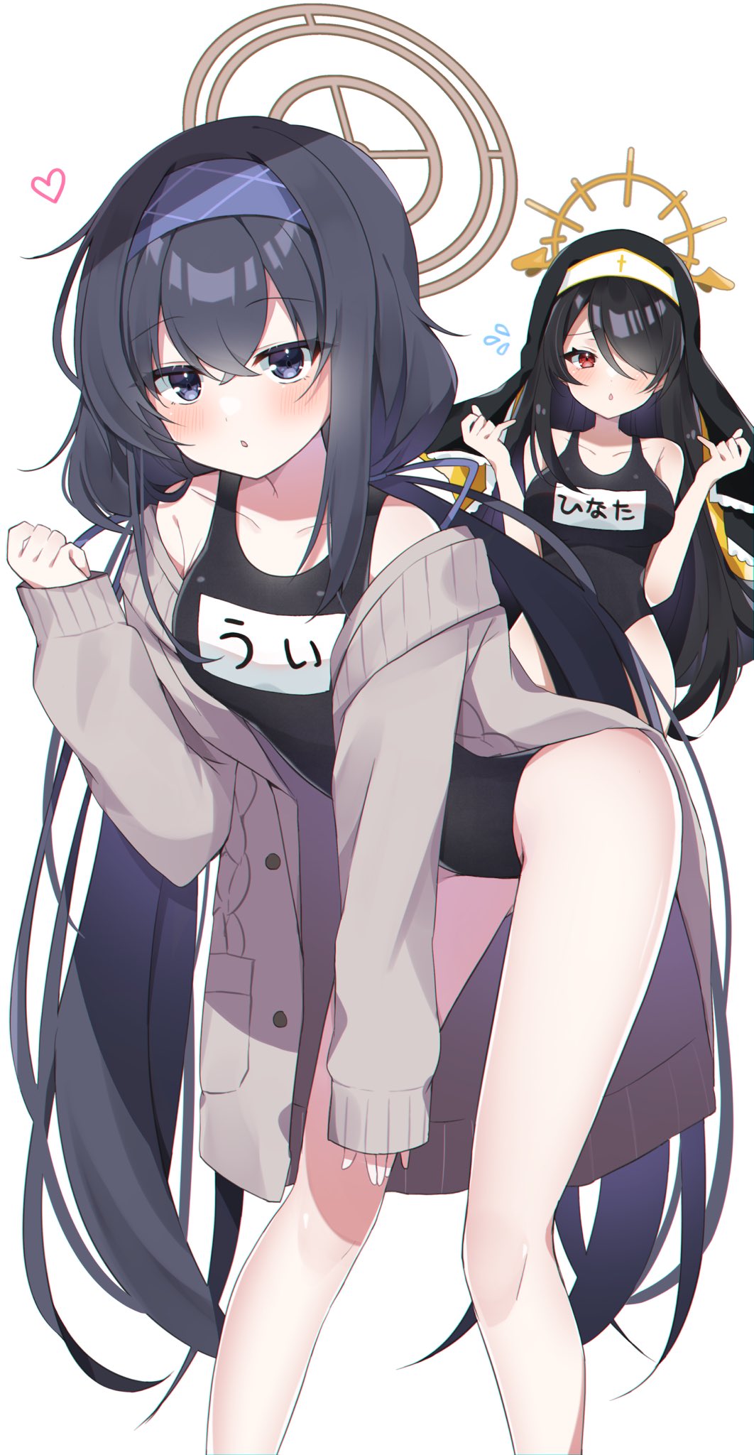 2girls, black_hair, black_one-piece_swimsuit, blue_archive, blue_eyes, blue_hairband, blush, breasts, collarbone, habit, hair_over_one_eye, hairband, halo, heart, highres, hinata_(blue_archive), large_breasts, long_hair, multiple_girls, murase48, name_tag, nun_headdress, off_shoulder, one-piece_swimsuit, red_eyes, school_swimsuit, sweater, swimsuit, thighs, translation_request, ui_(blue_archive), very_long_hair