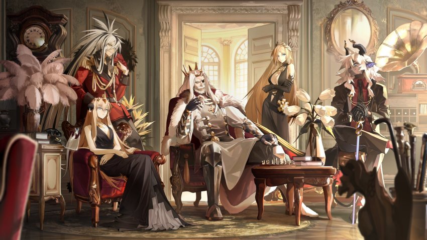2boys, 3girls, alchemy_stars, alternate_costume, antique_phone, armchair, armored_boots, beard, belt, bethel_(alchemy_stars), black_dress, black_gloves, black_hair, black_jacket, black_necktie, black_pants, blonde_hair, blue_eyes, blurry, blurry_foreground, board_game, book, boots, breasts, cane, cape, chair, chess, chessboard, cleavage, cleavage_cutout, clock, closed_mouth, clothing_cutout, coat, coffee_table, collarbone, crossed_legs, crown, door, dragon, dress, elbow_gloves, epaulettes, eyepatch, facial_hair, fang, fingerless_gloves, formal_clothes, fur-trimmed_cape, fur_trim, gloves, grandfather_clock, highres, horns, indoors, istvan_(alchemy_stars), jacket, knifedragon, lamp, large_breasts, laurel_crown, long_dress, long_hair, long_sleeves, looking_at_viewer, mirror, multicolored_hair, multiple_boys, multiple_girls, mustache, necktie, pants, phone, phonograph, plant, popped_collar, potted_plant, red_coat, red_shirt, reinhardt_(alchemy_stars), rotary_phone, rug, schwartz_(alchemy_stars), shirt, sitting, sleeveless, sleeveless_dress, small_breasts, smile, standing, stool, suit, table, two-tone_hair, victoria_(alchemy_stars), white_hair, window, yellow_eyes