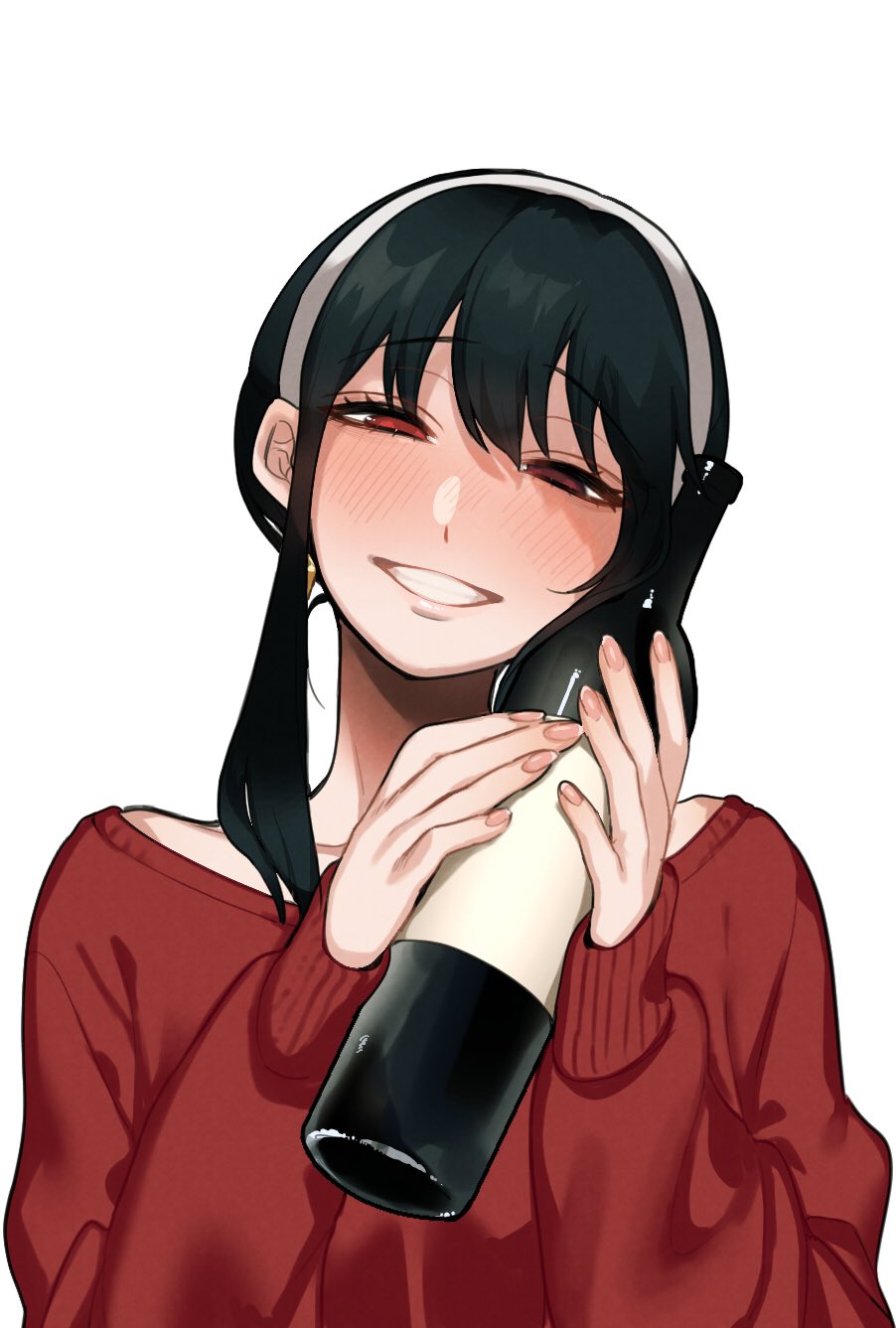 1girl, black_hair, blush, bottle, hairband, highres, holding, holding_bottle, looking_at_viewer, red_eyes, red_sweater, simple_background, smile, solo, spy_x_family, sweater, tsumujikaze74, upper_body, white_background, wine_bottle, yor_briar