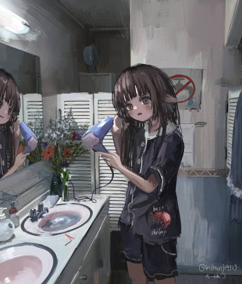 1girl, absurdres, bathroom, blush, brown_eyes, brown_hair, drying, drying_hair