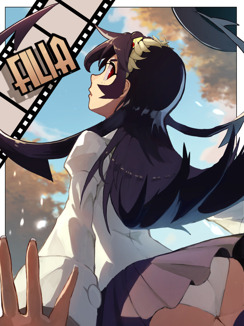 1girl, absurdres, ass, black_hair, character_name, filia_(skullgirls), film_strip, highres, long_hair, looking_back, no_842, open_mouth, outdoors, panties, pleated_skirt, school_uniform, skirt, skullgirls, solo, thighhighs, tree, underwear, upskirt