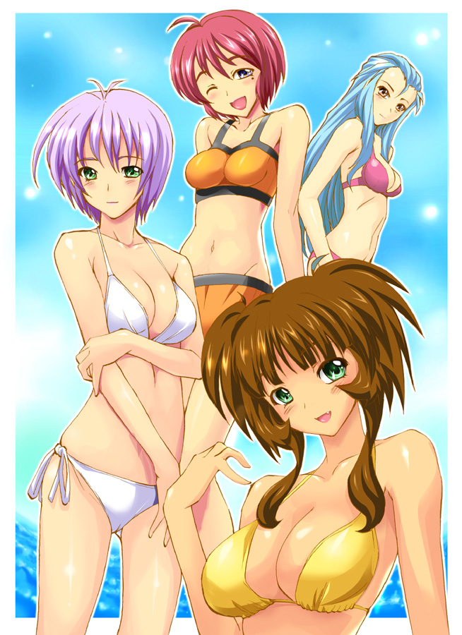 4girls, ahoge, bikini, blue_hair, green_eyes, hinomoto_hikari, ichimonji_akane, impossible_clothes