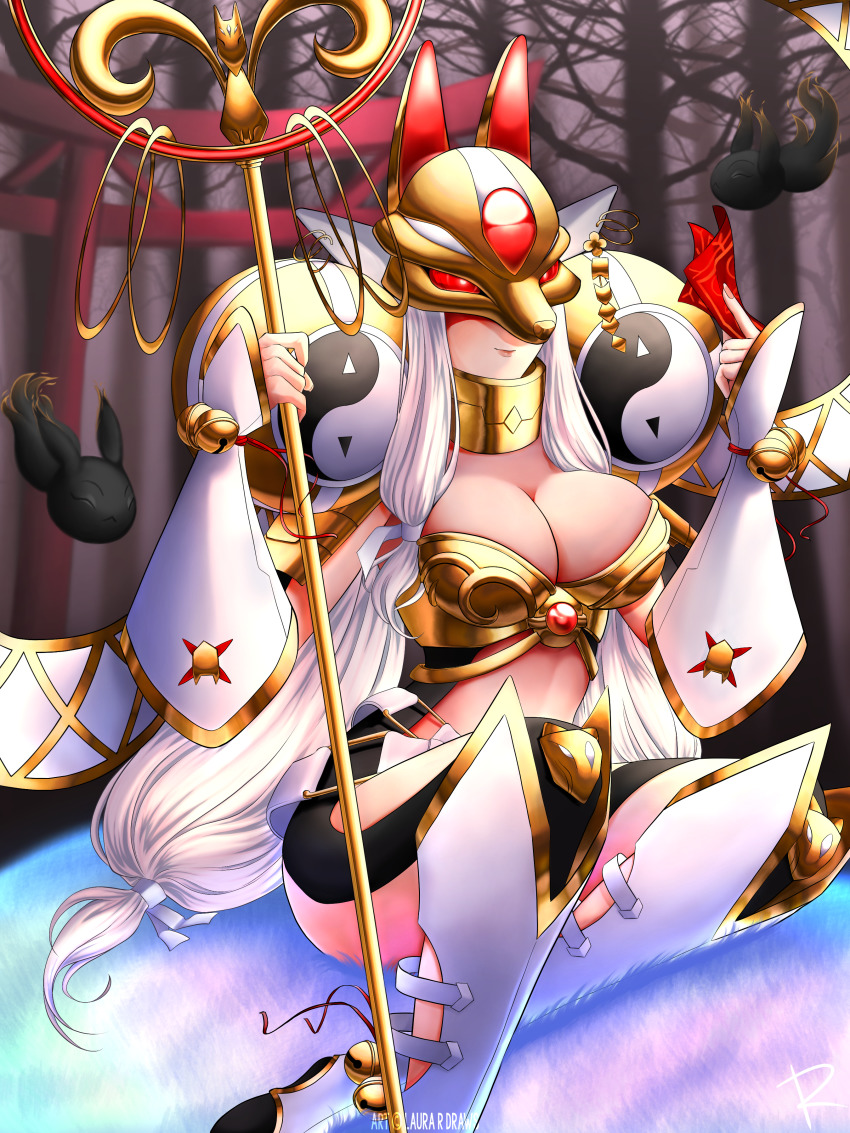 1girl, absurdres, armor, breasts, cleavage, digimon, earrings, fox