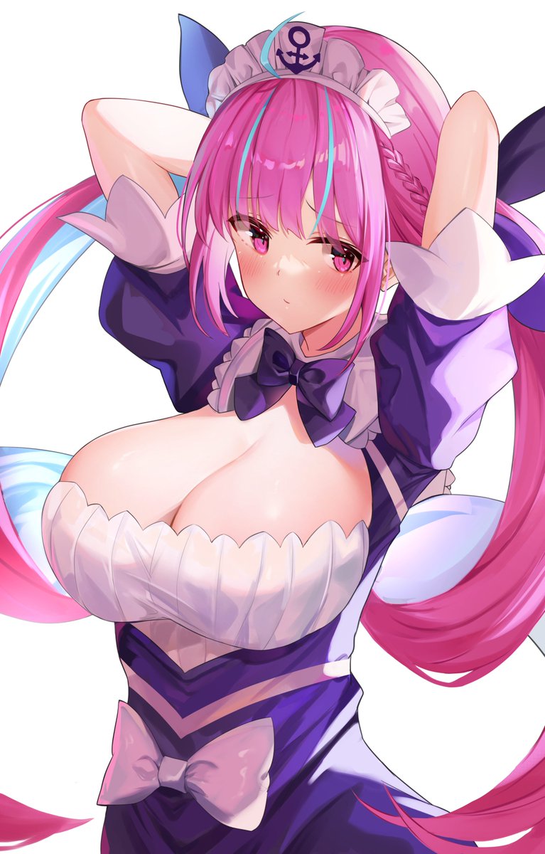 1girl, arms_behind_head, blue_hair, blush, bow, bowtie, braid, breasts