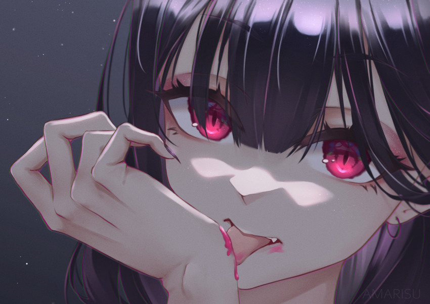 1girl, amarisuu, artist_name, black_hair, black_nails, blunt_bangs, commentary, earrings