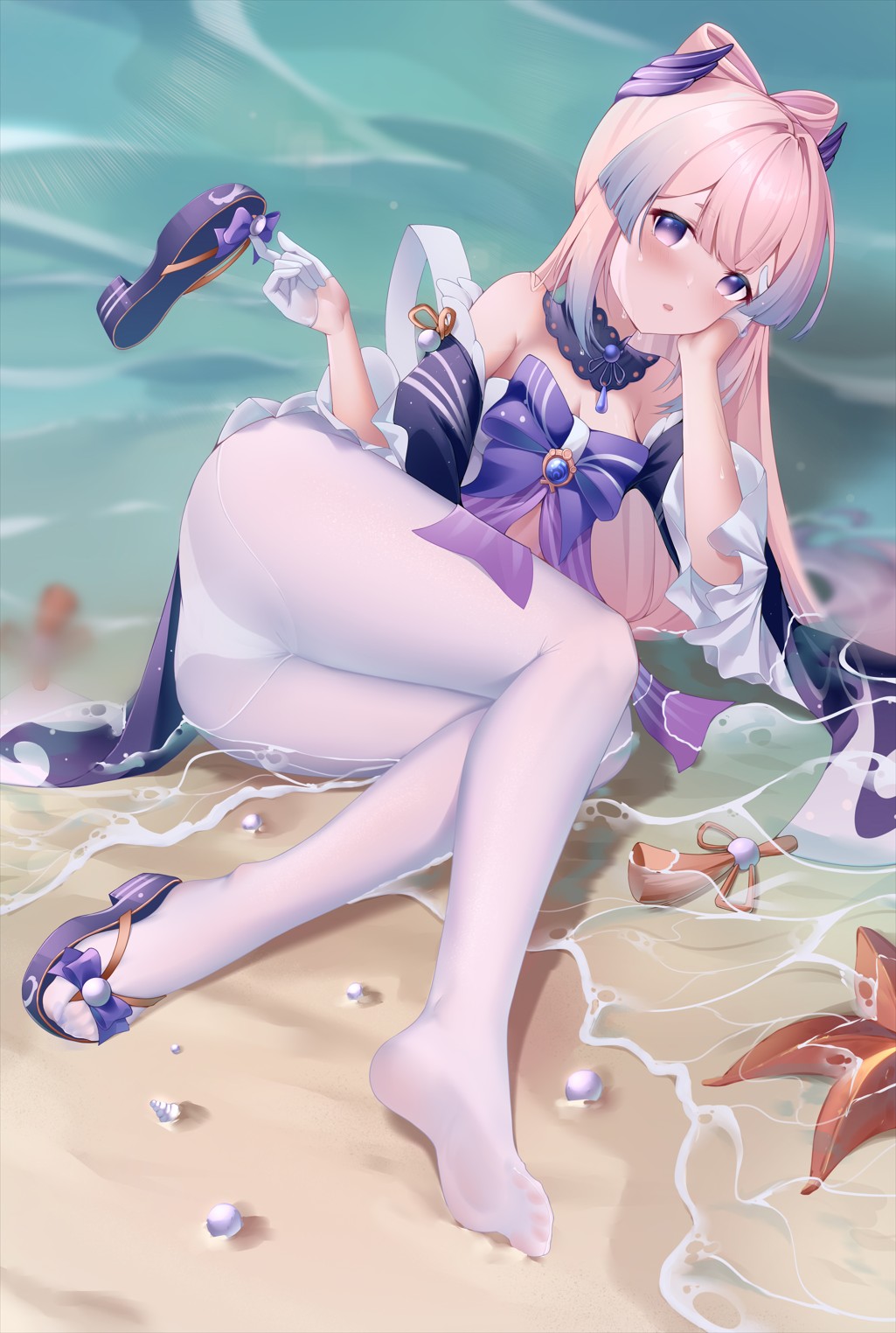 1girl, beach, bingchuan_xian_yu_huang, blue_eyes, blunt_bangs, blush, breasts, cleavage