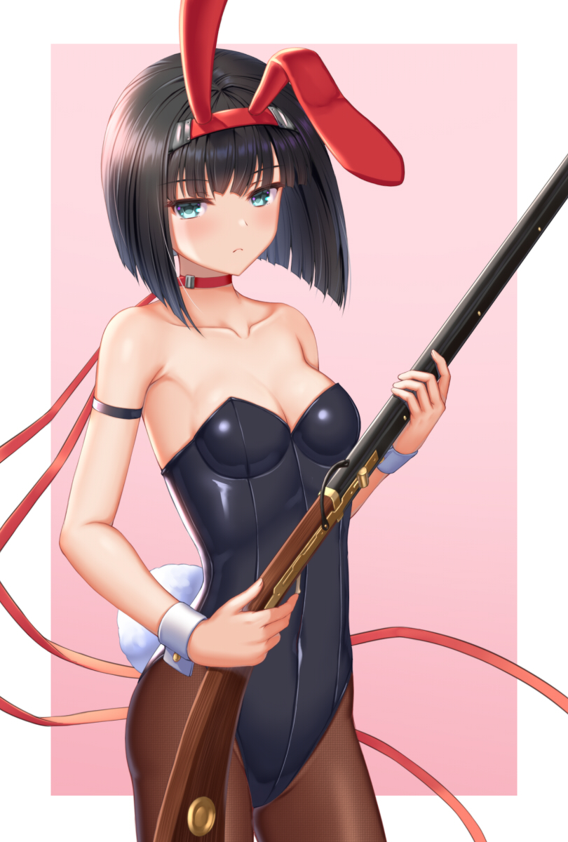 1girl, animal_ears, bare_shoulders, black_hair, black_leotard, black_pantyhose, border, brown_pantyhose