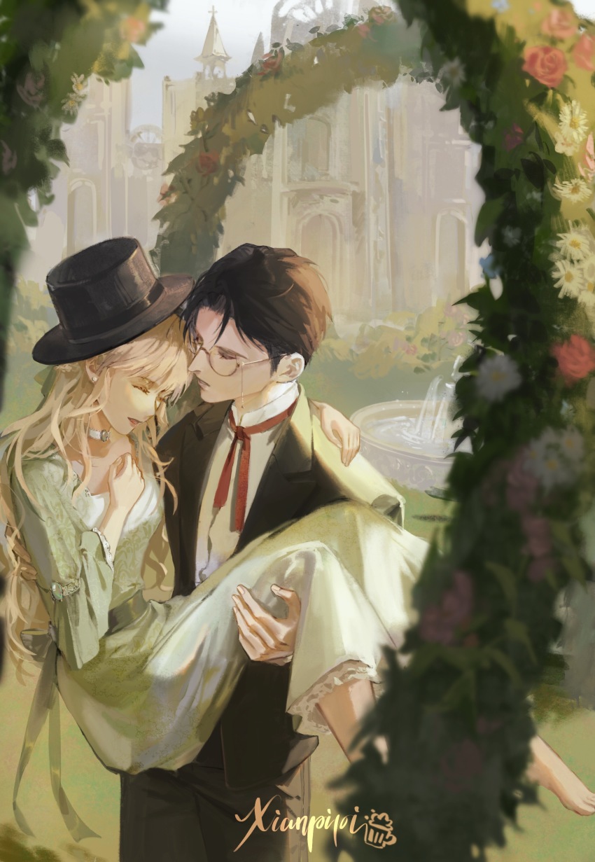 1boy, 1girl, absurdres, allsinbad, arch, audrey_hall, barefoot, black_hair, black_jacket, blonde_hair, carrying, choker, closed_eyes, cross, dress, flower, fountain, gehrman_sparrow, gem, glasses, grass, green_dress, green_gem, hand_on_another's_shoulder, hand_on_own_chest, hat, highres, jacket, klein_moretti, laughing, long_hair, long_sleeves, lord_of_the_mysteries, princess_carry, rose, shirt, short_hair, signature, top_hat, water, white_shirt