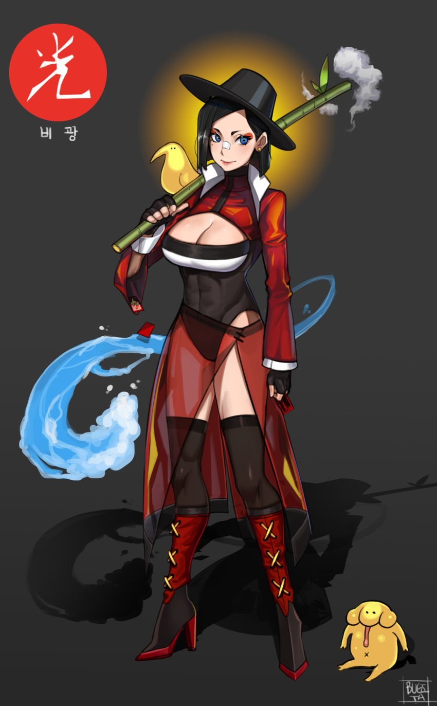 1girl, abs, bamboo, bandaid, bandaid_on_face, bandaid_on_nose, black_footwear, black_gloves