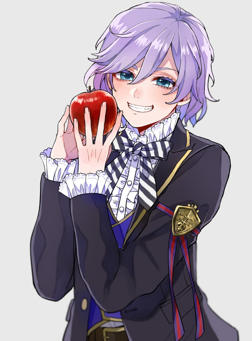 >:), apple, belt, belt_buckle, blazer, blue_eyes, blush, bow, bowtie, buckle, buttons, colored_eyelashes, epel_felmier, food, frilled_shirt_collar, frilled_sleeves, frills, fruit, fune_(user_kujn8834), gold_trim, highres, jacket, pale_skin, purple_hair, shirt, smile, smug, twisted_wonderland, v-shaped_eyebrows, white_background, white_shirt