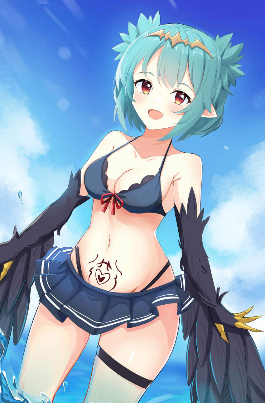 1girl, absurdres, bare_shoulders, bikini, black_feathers, black_wings, blush, breasts