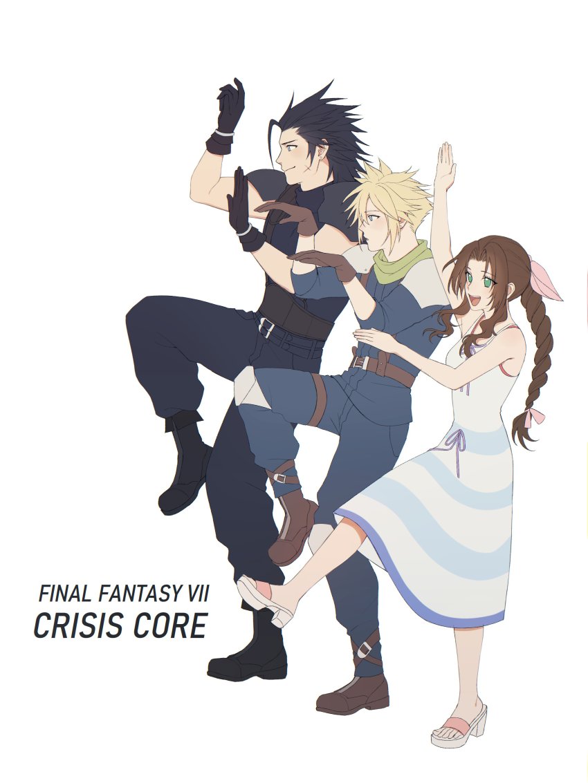 1girl, 2boys, absurdres, aerith_gainsborough, aged_down, aqua_eyes, armor, baggy_pants, bare_arms, belt, black_hair, blonde_hair, blue_pants, blue_shirt, boots, braid, braided_ponytail, breasts, brown_hair, cloud_strife, crisis_core:_final_fantasy_vii, dress, facial_scar, final_fantasy, final_fantasy_vii, full_body, gloves, green_eyes, hair_between_eyes, hair_ribbon, hair_slicked_back, hands_up, highres, leg_up, long_sleeves, medium_breasts, montaro, multiple_belts, multiple_boys, open_mouth, pants, parted_bangs, ribbon, sandals, scar, scar_on_cheek, scar_on_face, shirt, shoulder_armor, sidelocks, sleeveless, sleeveless_dress, sleeveless_turtleneck, sleeves_rolled_up, smile, spiked_hair, square_enix, striped_clothes, striped_dress, suspenders, turtleneck, wavy_hair, white_background, white_dress, zack_fair
