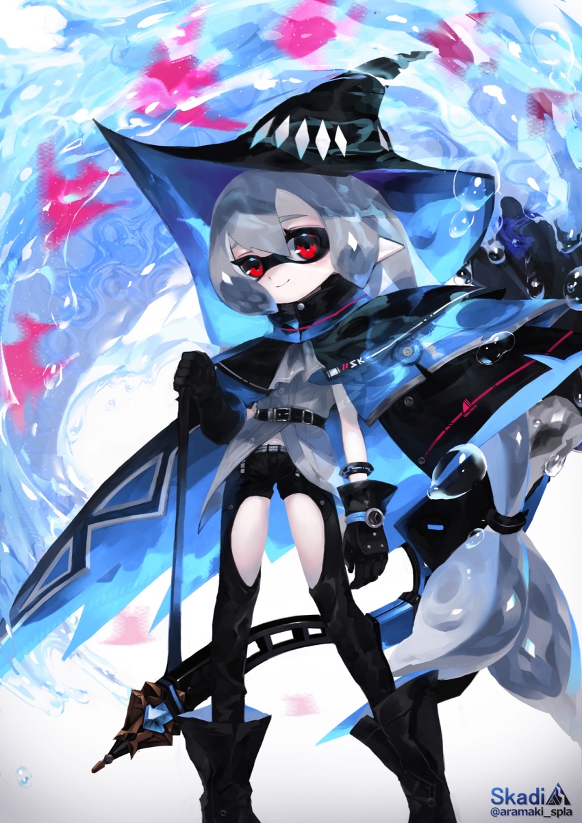 1girl, aramaki_spla, arknights, bubble, fish, highres, inkling_player_character, nintendo, skadi_(arknights), solo, splatoon_(series), twitter, water