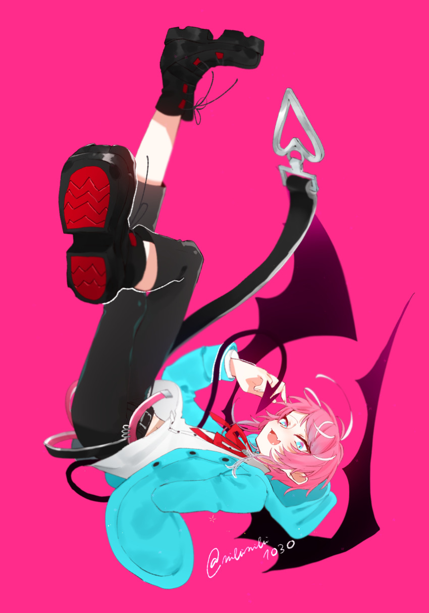 1boy, amemura_ramuda, artist_name, black_pants, blue_eyes, blue_jacket, colored_shoe_soles, demon_boy