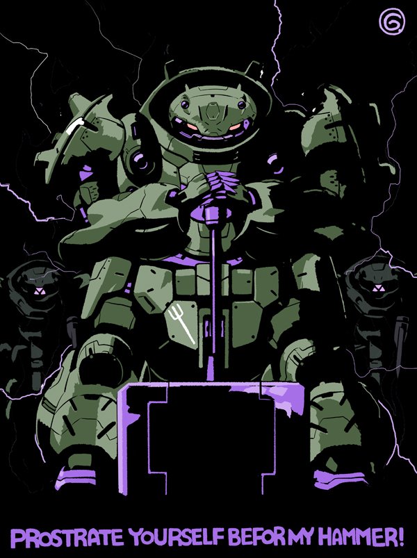 electricity, english_text, gundam, gundam_gusion, gundam_tekketsu_no_orphans, gyoubu_ippei, hammer, hand_on_hilt