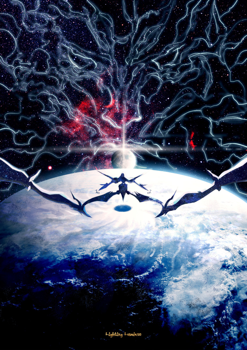 1boy, 1other, absurdres, artemis_(machine_god)_(fate), earth_(planet), fate/grand_order, fate_(series), highres, liguangze, moon, planet, scenery, space, zeus_(fate)