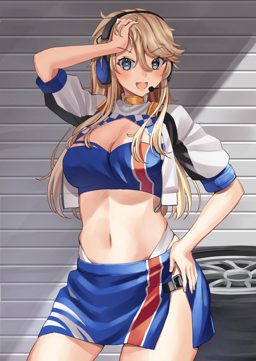 1girl, alternate_costume, alternate_hairstyle, bandeau, bikini, blonde_hair, blue_bandeau, blue_eyes