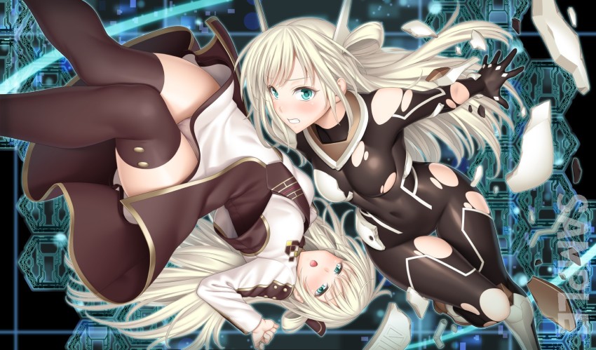 aqua_eyes, black_bodysuit, black_legwear, black_necktie, blonde_hair, blush, bodysuit, breasts, brown_necktie, collared_dress, cowlick, dress, dual_persona, duel_monster, gloves, headgear, highres, long_hair, medium_breasts, necktie, panties, sample_watermark, second-party_source, skin_tight, sky_striker_ace_-_kagari, sky_striker_ace_-_raye, suzume_inui, thighhighs, torn_bodysuit, torn_clothes, two-tone_dress, underwear, watermark, white_panties, yu-gi-oh!