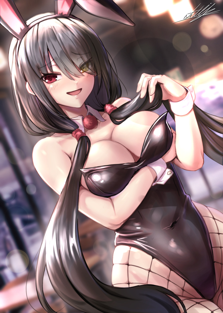 1girl, :d, animal_ears, bare_shoulders, black_hair, black_leotard, blurry, blurry_background, bokeh, breast_hold, breasts, chinese_commentary, cleavage, collarbone, covered_navel, cowboy_shot, date_a_live, depth_of_field, detached_collar, eyes_visible_through_hair, fake_animal_ears, fishnet_legwear, fishnets, hair_between_eyes, hair_tubes, hand_up, heterochromia, highleg, highleg_leotard, highres, indoors, leotard, long_hair, looking_at_viewer, low_twintails, medium_breasts, open_mouth, pinkmarine, playboy_bunny, red_eyes, shiny_clothes, signature, smile, solo, strapless, strapless_leotard, tokisaki_kurumi, twintails, very_long_hair, wrist_cuffs, yellow_eyes
