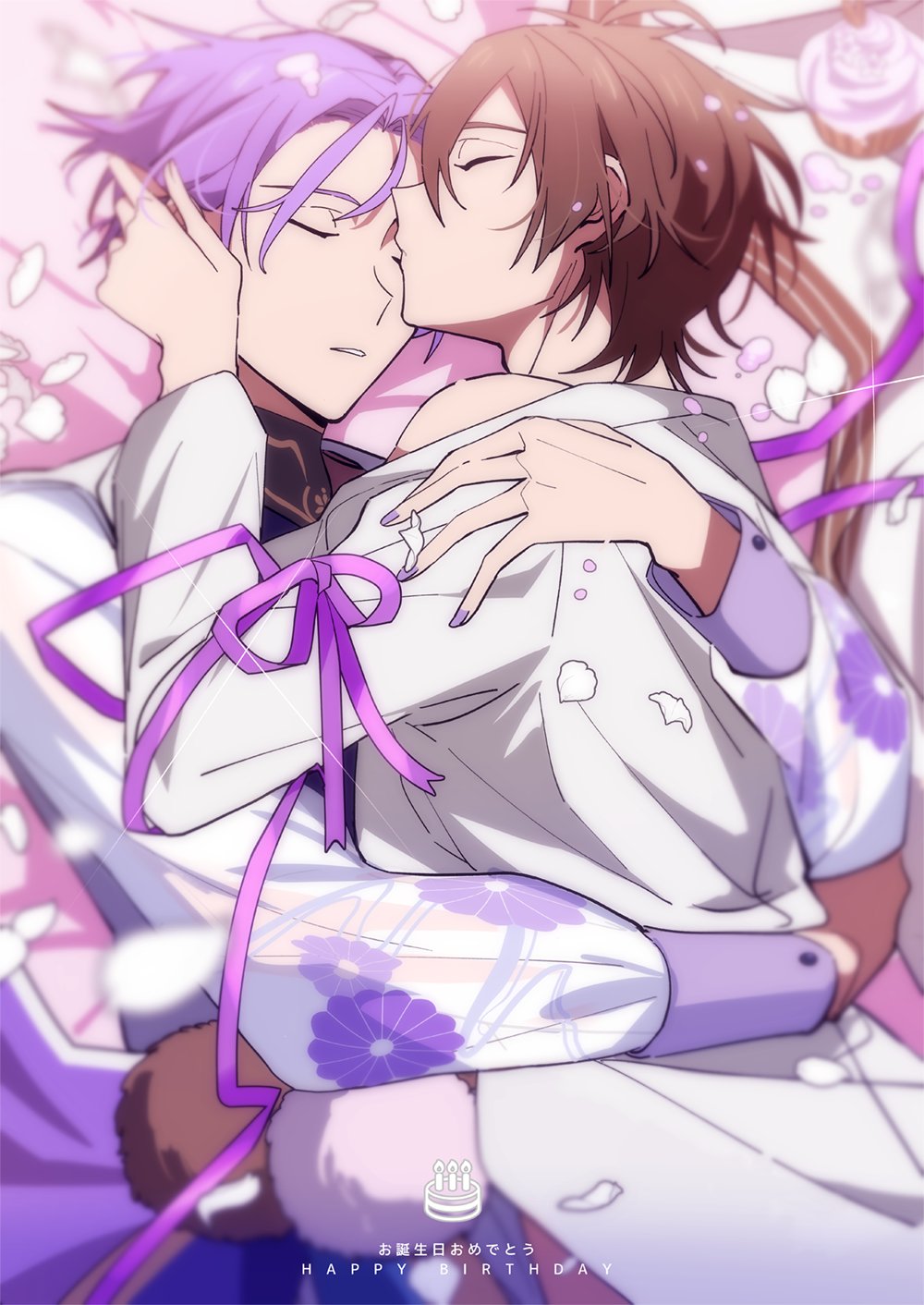 2boys, cupcake, eiden_(nu_carnival), closed_eyes, floral_print, food, hands_in_hair, happy_birthday, highres, hug, kiss, kissing_eye, kissing_forehead, kuya_(nu_carnival), light_brown_hair, long_sleeves, male_focus, multiple_boys, nail_polish, nu_carnival, petals, purple_hair, purple_nails, purple_ribbon, ribbon, see-through_clothes, see-through_sleeves, shirt, short_hair, sleeping, white_shirt, yaoi, zaqxcsdwe123