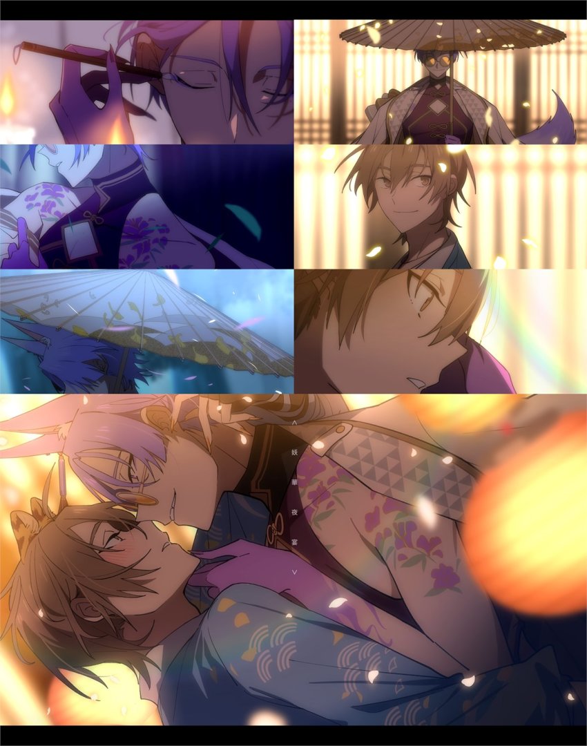 2boys, animal_ears, blush, brown_eyes, eiden_(nu_carnival), eyeliner, flower_tattoo, fox_boy