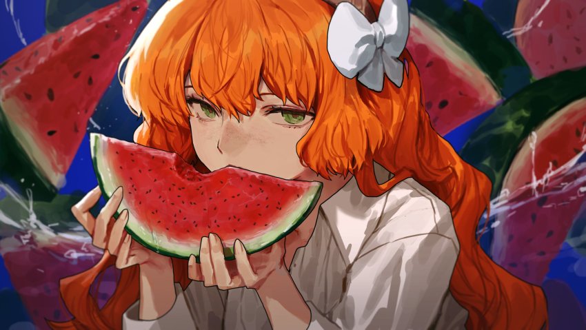 1girl, carol0905, eating, food, freckles, fruit, green_eyes, highres, ishmael_(project_moon), limbus_company, long_hair, orange_hair, project_moon, ribbon, shirt, sleeves_rolled_up, water, watermelon, white_ribbon, white_shirt