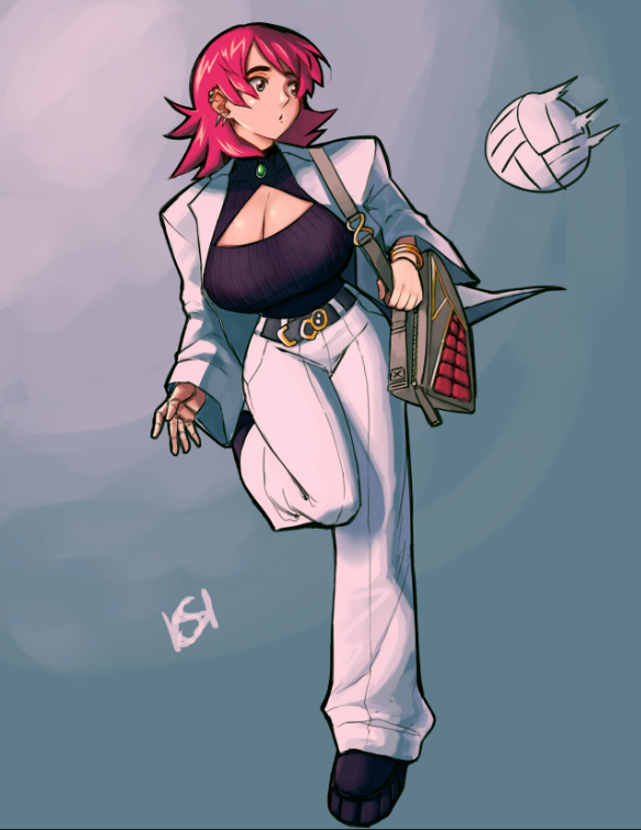 1girl, bag, ball, belt, bracelet, breasts, cleavage, cleavage_cutout