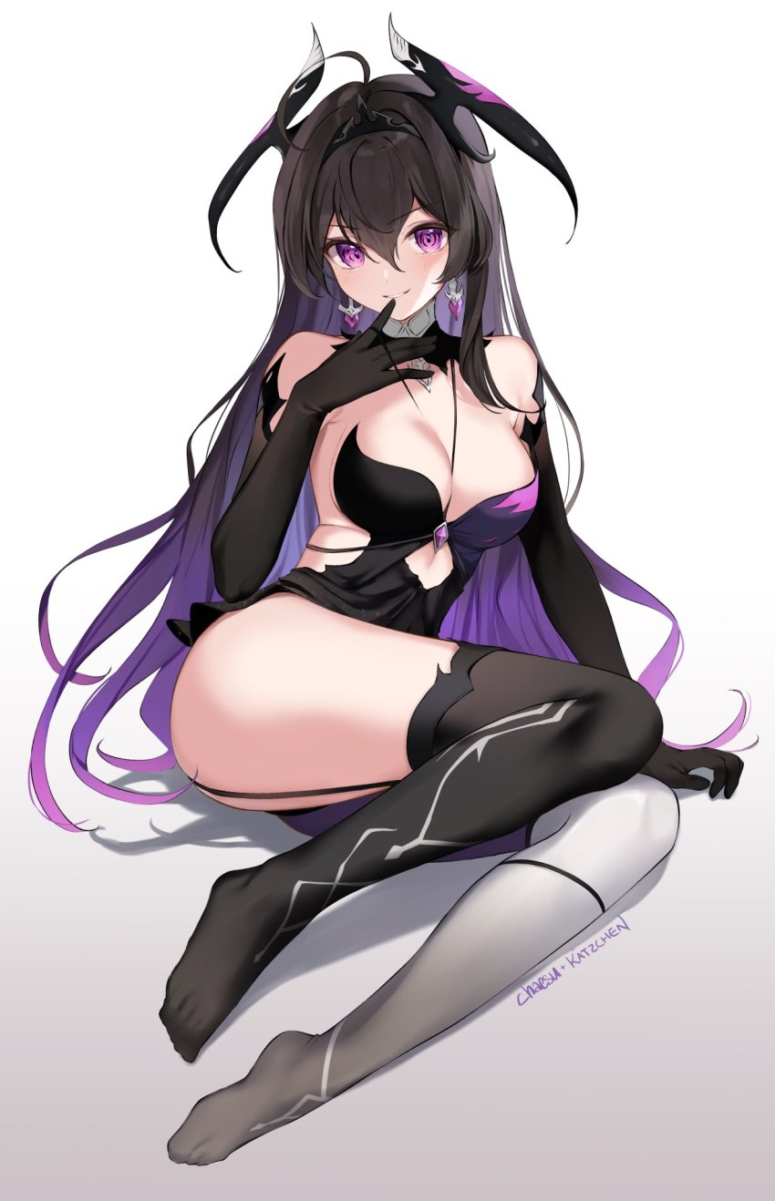 1girl, ahoge, artist_name, asymmetrical_clothes, black_gloves, black_hair, breasts, chaesu, clothing_cutout, clothing_request, commentary, cutout_above_navel, earrings, elbow_gloves, english_commentary, epic_seven, garter_straps, gloves, gradient_hair, hair_between_eyes, hair_ornament, hand_to_own_mouth, hand_up, highres, jewelry, kaetzchen, long_hair, medium_breasts, multicolored_hair, open_mouth, purple_eyes, purple_hair, sidelocks, signature, smile, solo, specter_tenebria_(dark_tyrant)_(epic_seven), specter_tenebria_(epic_seven), teeth, tenebria_(epic_seven), thighhighs, very_long_hair