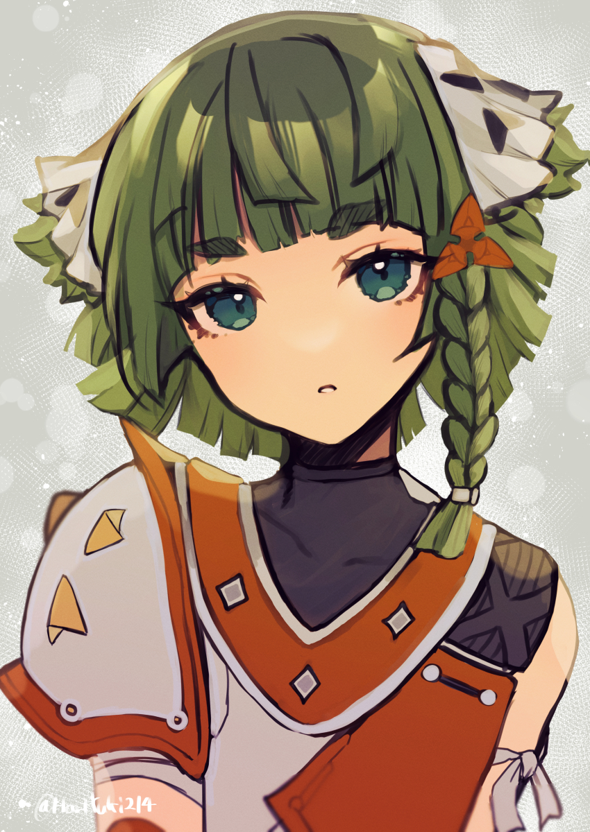 1other, absurdres, androgynous, armor, braid, green_eyes, green_hair, grey_background