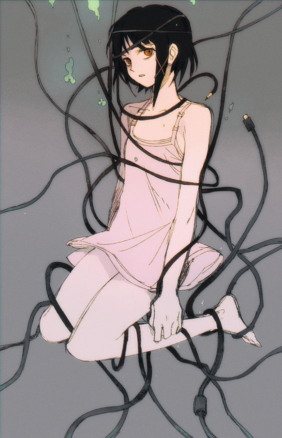 1girl, alternate_hair_color, asymmetrical_hair, bad_id, bad_pixiv_id, bad_source, bare_legs, bare_shoulders, black_hair, brown_eyes, cable, camisole, clothes_lift, dress, expressionless, flat_chest, floating, hair_ornament, iwakura_lain, kneeling, looking_at_viewer, pale_skin, parted_lips, serial_experiments_lain, short_hair, sidelocks, single_sidelock, solo, usb, white_camisole, white_dress, wire, x_hair_ornament, xia