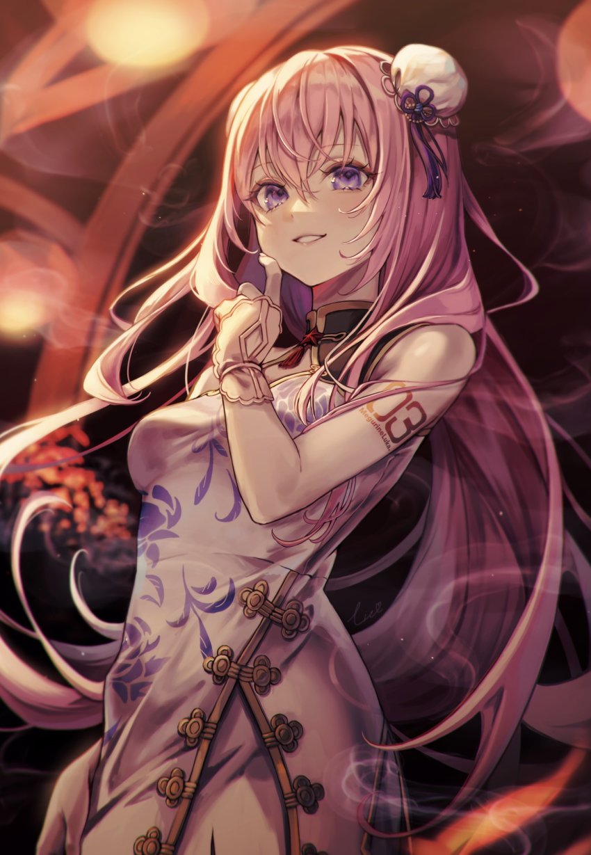 1girl, china_dress, chinese_clothes, cleavage_cutout, clothing_cutout, crossed_bangs, double_bun, dress